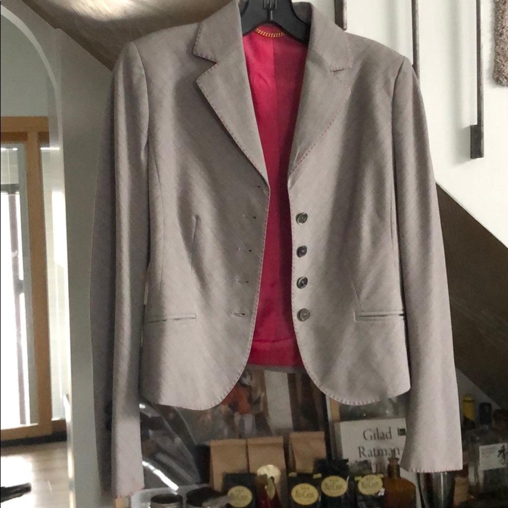 Light grey and hot pink pinstriped blazer